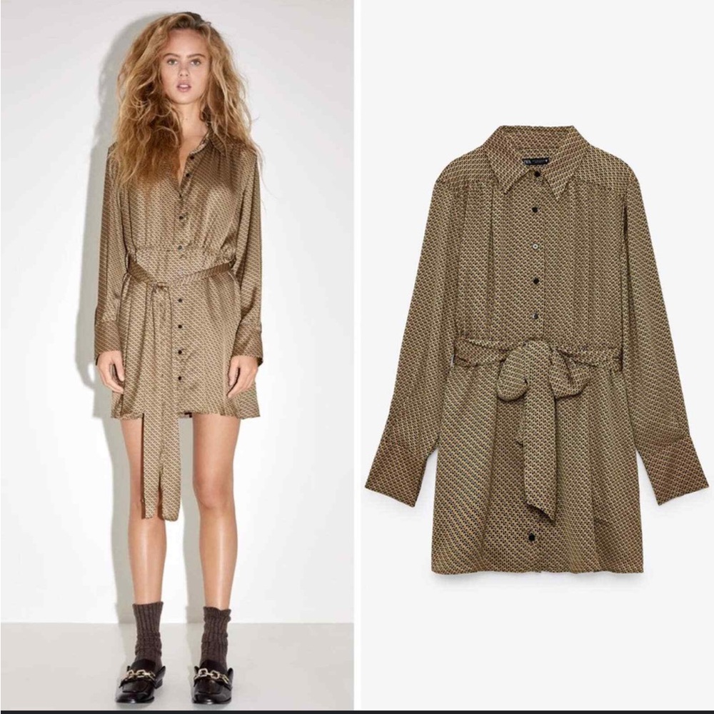 ZARA Satin Gold Geometric Print Ling Sleeve Belted Shirtdress Women’s Si…